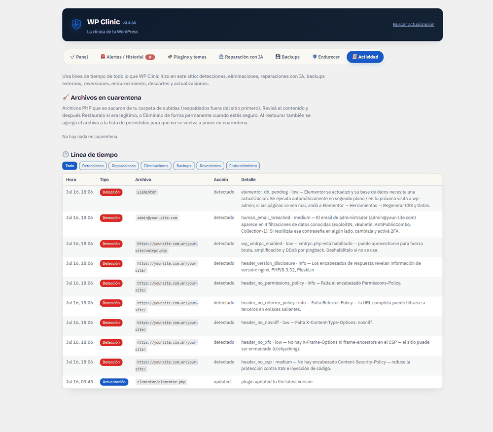 WP Clinic Activity tab showing an audit feed of detections, repairs and backups