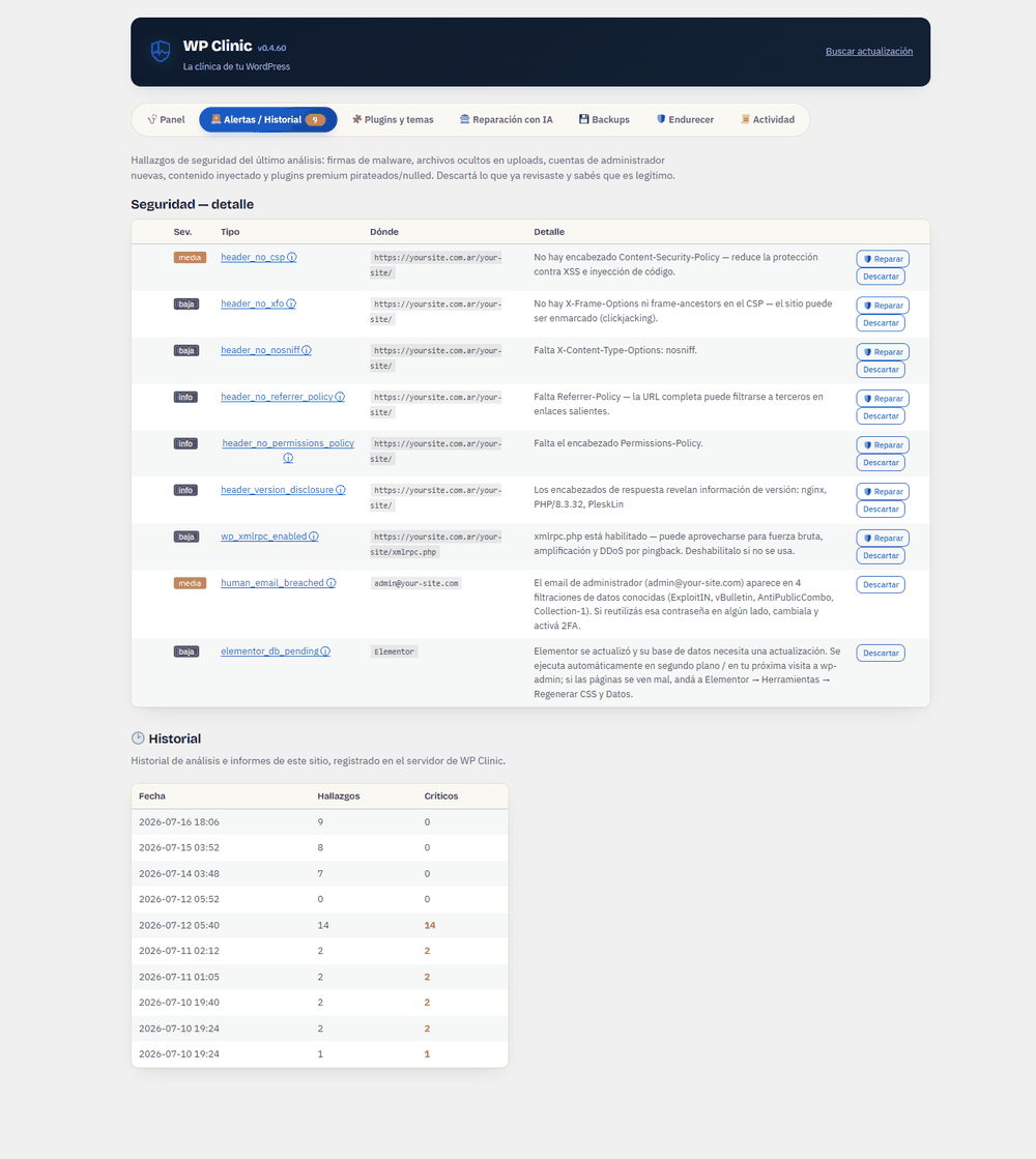 WP Clinic Alerts and history table listing security findings