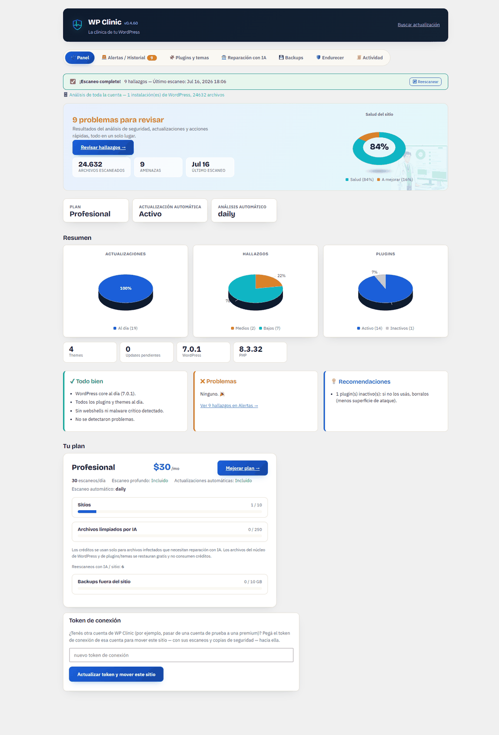 WP Clinic dashboard showing an 84% Site Health score, scan summary and current plan