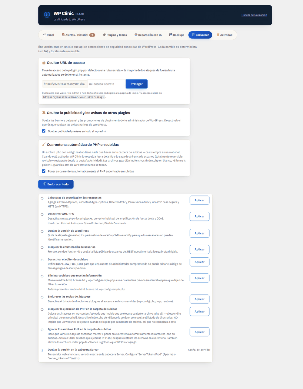 WP Clinic hardening checklist with hide-login settings